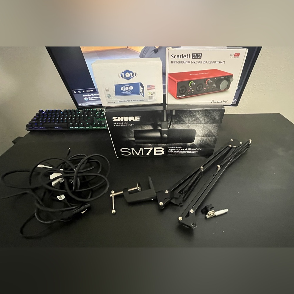 Shure SM7B, Cloudlifter, and Scarlet 2i2, w/ cables, stand, & iphone connector